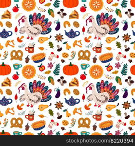 Thanksgiving pattern with Turkey and autumn food. Vector illustration. Thanksgiving pattern with Turkey and autumn food