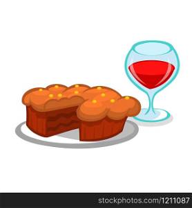 Thanksgiving piece of pumpkin pie and glass of wine. Cartoon illustration isolated. National holiday. Traditional food