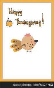 Thanksgiving postcard with turkey and pumpkin. Hand drawn universal artistic card template background. Doodle vector illustration for decor and design.