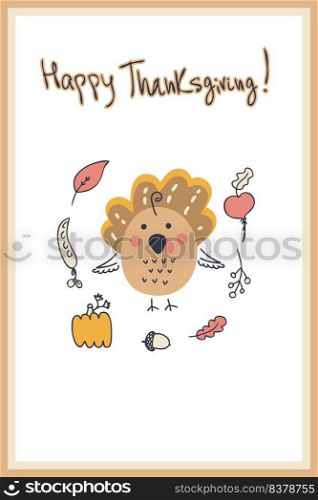Thanksgiving postcard with turkey, pumpkin, vegetables and autumn leaves.  Hand drawn universal artistic card template background. Doodle vector illustration for decor and design.