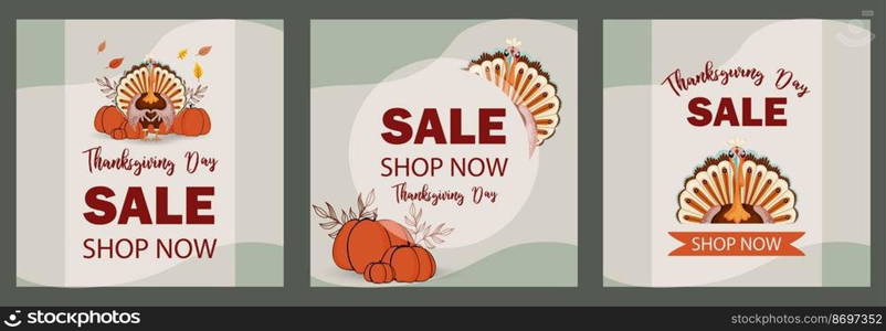 Thanksgiving sale square banner set. Cool thanksgiving turkey. Sale invitation. Discounts and promotions.