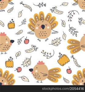 Thanksgiving seamless pattern with turkeys, roosters, pumpkins and autumn leaves. Perfect for T-shirt, postcard, textile and print. Hand drawn vector illustration for decor and design.