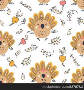 Thanksgiving seamless pattern with turkeys, vegetables and autumn leaves. Perfect for T-shirt, postcard, textile and print. Hand drawn vector illustration for decor and design.