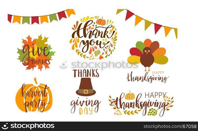 Thanksgiving set.. Vector collection of autumn elements and typography lattering phrases. Thanksgiving day set