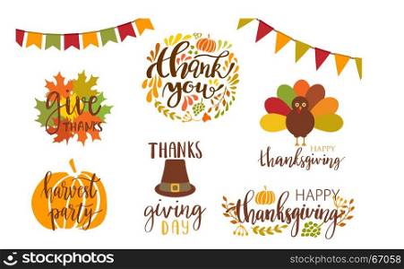 Thanksgiving set.. Vector collection of autumn elements and typography lattering phrases. Thanksgiving day set