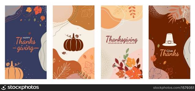 Thanksgiving social media stories abstract autumn, fall leaves background with pumpkin, pilgrim hat. For greeting card, invitation, poster, cover, banner, placard, brochure Vector illustration.. Thanksgiving social media stories abstract autumn, fall leaves background