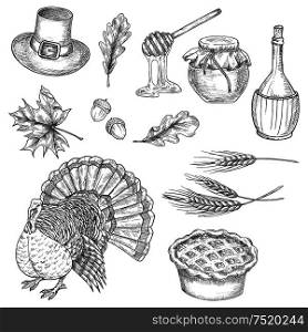 Thanksgiving traditional food abundance symbols of turkey bird, sweet pie, wheat ears, honey sticks, vine, pilgrim hat, acorns, oak and maple leaves. Vector doodle sketch icons for greeting cards, invitation. Thanksgiving vector sketch design symbols, icons