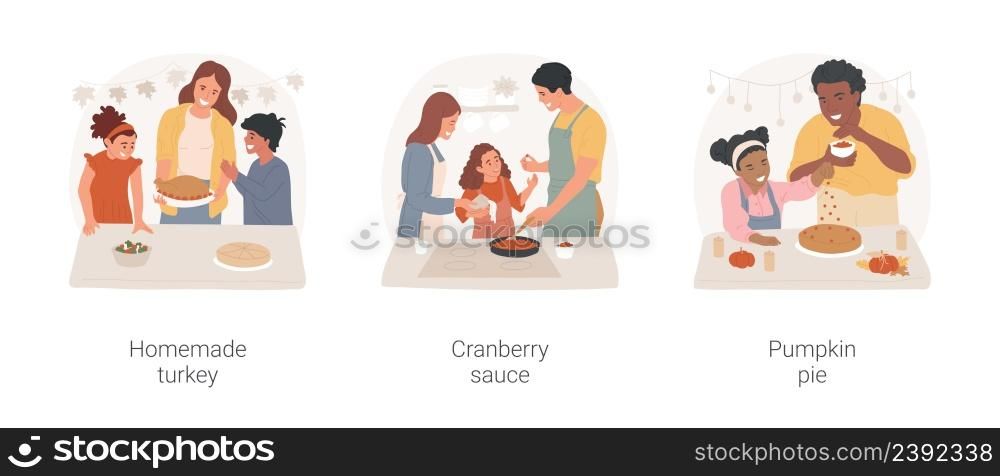 Thanksgiving traditional food isolated cartoon vector illustration set. Cooking homemade turkey, family members preparing cranberry sauce, baking pumpkin pie together, autumn feast vector cartoon.. Thanksgiving traditional food isolated cartoon vector illustration set.