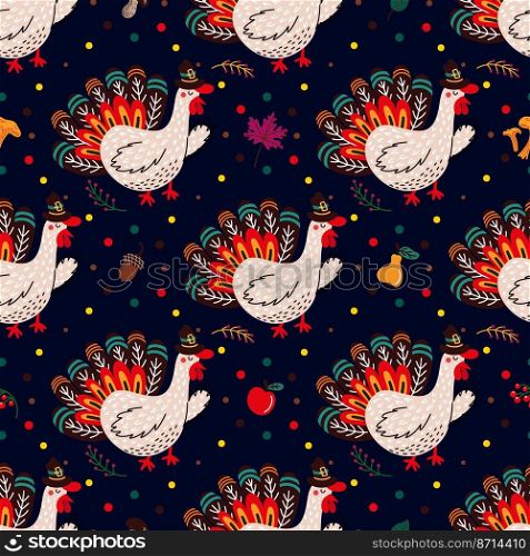 Thanksgiving turkey and fall leaves forming seamless pattern on blue background. seamless pattern of Thanksgiving day symbols