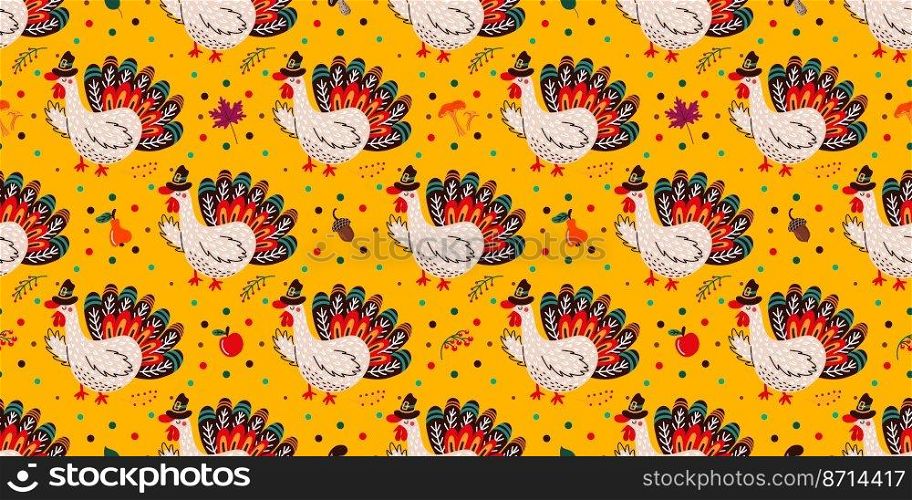 Thanksgiving turkey and fall leaves forming seamless pattern. seamless pattern of Thanksgiving day symbols