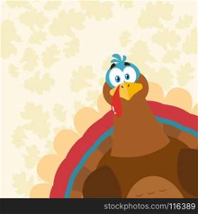 Thanksgiving Turkey Bird Cartoon Mascot Character Peeking From A Corner. Illustration Flat Design Over Background With Autumn Leaves