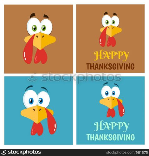 Thanksgiving Turkey Bird Face Flat Label Set 1. Vector Collection With Background