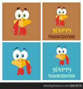 Thanksgiving Turkey Bird Face Flat Label Set 1. Vector Collection With Background