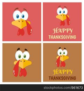 Thanksgiving Turkey Bird Face Flat Label Set 2. Vector Collection With Background