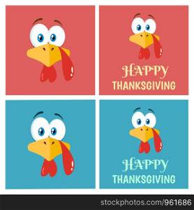 Thanksgiving Turkey Bird Face Flat Label Set 3. Vector Collection With Background