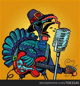 Thanksgiving Turkey character singer. Holiday party. Comic cartoon pop art retro vector illustration. Thanksgiving Turkey character singer. Holiday party