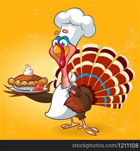 Thanksgiving turkey chief cook serving pumpkin pie. Vector cartoon character