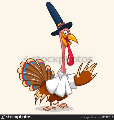 Thanksgiving turkey mascot in Pilgrim hat waving on white background. Vector illustration