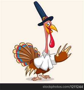 Thanksgiving turkey mascot in Pilgrim hat waving on white background. Vector illustration