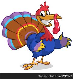 Thanksgiving turkey mascot waving on white background