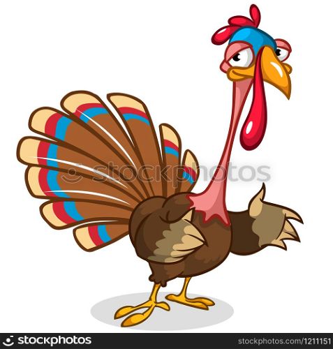 Thanksgiving turkey mascot waving on white background. Vector character isolated on white background