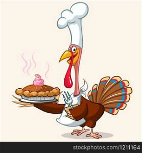 Thanksgiving turkey serving hot pumpkin pie. Vector cartoon