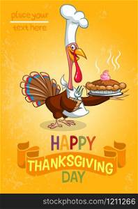 Thanksgiving turkey serving pumpkin pie. Vector cartoon