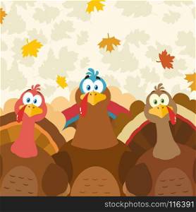 Thanksgiving Turkeys Cartoon Mascot Characters. Illustration Flat Design Over Background With Autumn Leaves