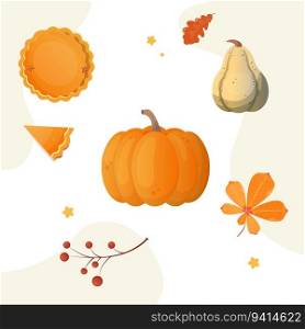 Thanksgiving vector illustration set, pumpkin, pie and leaves. Vector illustration. Thanksgiving vector illustration set, pumpkin, pie and leaves