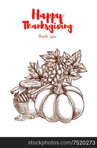 Thanksgiving vegetables harvest retro greeting card design. Autumn harvesting celebration food of pumpkin, honey jar, grapes bunch. Vector sketch elements for thanksgiving banners, posters. Thanksgiving vegetables harvest retro greeting