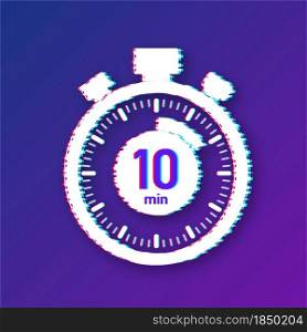 The 10 minutes, stopwatch vector glitch icon. Stopwatch icon in flat style, timer on on color background. Vector illustration. The 10 minutes, stopwatch vector glitch icon. Stopwatch icon in flat style, timer on on color background. Vector illustration.
