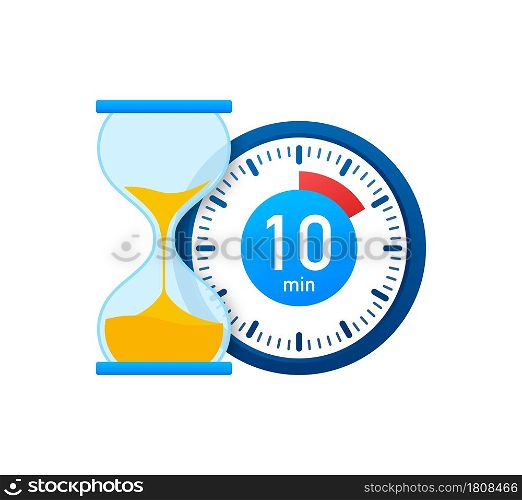 The 10 minutes, stopwatch vector icon. Stopwatch icon in flat style, 10 minutes timer on on color background. Vector stock illustration. The 10 minutes, stopwatch vector icon. Stopwatch icon in flat style, 10 minutes timer on on color background. Vector stock illustration.