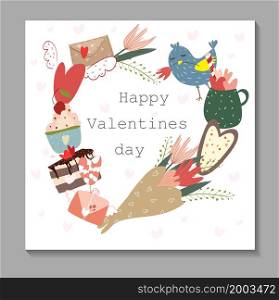 The 14th of February. Vector cute objects and heart shaped elements for Valentines Day. Card, sweets, coffee, cake, key, candy, letter, rose, lollipop, bird. Drawings for postcards. The 14th of February. Vector cute objects and heart shaped elements for Valentines Day.