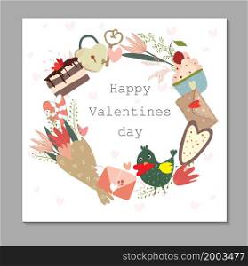 The 14th of February. Vector cute objects and round shaped elements for Valentines Day. Card, sweets, coffee, cake, key, candy, letter, rose, lollipop, bird. Drawings for postcards. The 14th of February. Vector cute objects and round shaped elements for Valentines Day.