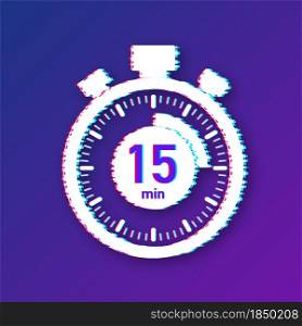 The 15 minutes, stopwatch vector glitch icon. Stopwatch icon in flat style, timer on on color background. Vector illustration. The 15 minutes, stopwatch vector glitch icon. Stopwatch icon in flat style, timer on on color background. Vector illustration.