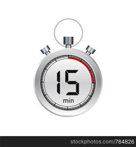The 15 minutes, stopwatch vector icon. Stopwatch icon in flat style, timer on on color background. Vector stock illustration.