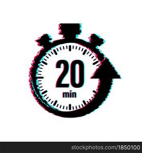 The 20 minutes, stopwatch vector glitch icon. Stopwatch icon in flat style, timer on on color background. Vector illustration. The 20 minutes, stopwatch vector glitch icon. Stopwatch icon in flat style, timer on on color background. Vector illustration.