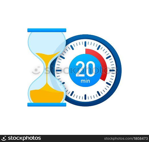 The 20 minutes, stopwatch vector icon. Stopwatch icon in flat style, timer on on color background. Vector illustration. The 20 minutes, stopwatch vector icon. Stopwatch icon in flat style, timer on on color background. Vector illustration.