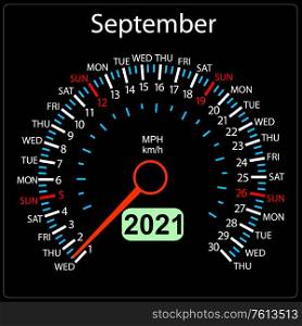 The 2021 year calendar speedometer a car September.. The 2021 year calendar speedometer car September