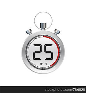 The 25 minutes, stopwatch vector icon. Stopwatch icon in flat style, timer on on color background. Vector stock illustration.