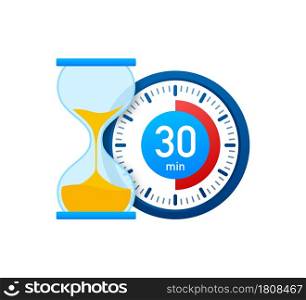 The 30 minutes, stopwatch vector icon. Stopwatch icon in flat style, timer on on color background. Vector illustration. The 30 minutes, stopwatch vector icon. Stopwatch icon in flat style, timer on on color background. Vector illustration.