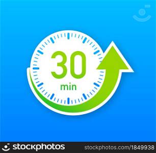 The 30 minutes, stopwatch vector icon. Stopwatch icon in flat style, timer on on color background. Vector illustration. The 30 minutes, stopwatch vector icon. Stopwatch icon in flat style, timer on on color background. Vector illustration.