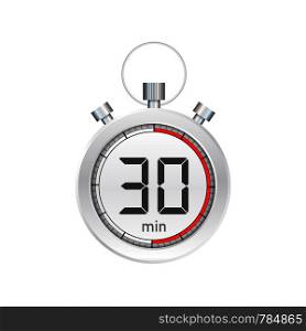 The 30 minutes, stopwatch vector icon. Stopwatch icon in flat style, timer on on color background. Vector stock illustration.