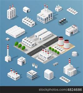 The 3D perspective view of a set of objects of industrial plants, factories, parking lots and warehouses. Isometric view from above the city with streets, buildings and trees.
