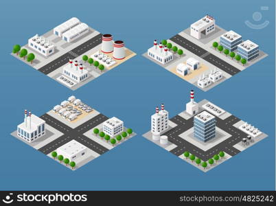 The 3D perspective view of a set of objects of industrial plants, factories, parking lots and warehouses. Isometric view from above the city with streets, buildings and trees.