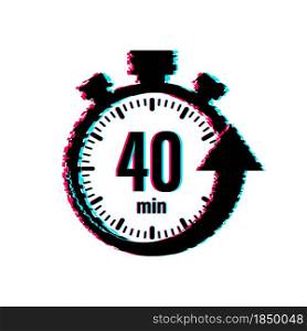 The 40 minutes, stopwatch vector glitch icon. Stopwatch icon in flat style, timer on on color background. Vector illustration. The 40 minutes, stopwatch vector glitch icon. Stopwatch icon in flat style, timer on on color background. Vector illustration.