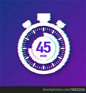 The 45 minutes, stopwatch vector glitch icon. Stopwatch icon in flat style, timer on on color background. Vector illustration. The 45 minutes, stopwatch vector glitch icon. Stopwatch icon in flat style, timer on on color background. Vector illustration.