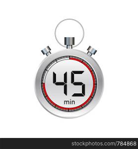 The 45 minutes, stopwatch vector icon. Stopwatch icon in flat style, timer on on color background. Vector stock illustration.
