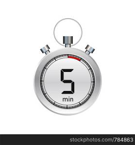 The 5 minutes, stopwatch vector icon. Stopwatch icon in flat style, timer on on color background. Vector stock illustration.