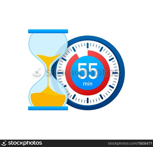The 55 minutes, stopwatch vector icon. Stopwatch icon in flat style, timer on on color background. Vector illustration. The 55 minutes, stopwatch vector icon. Stopwatch icon in flat style, timer on on color background. Vector illustration.